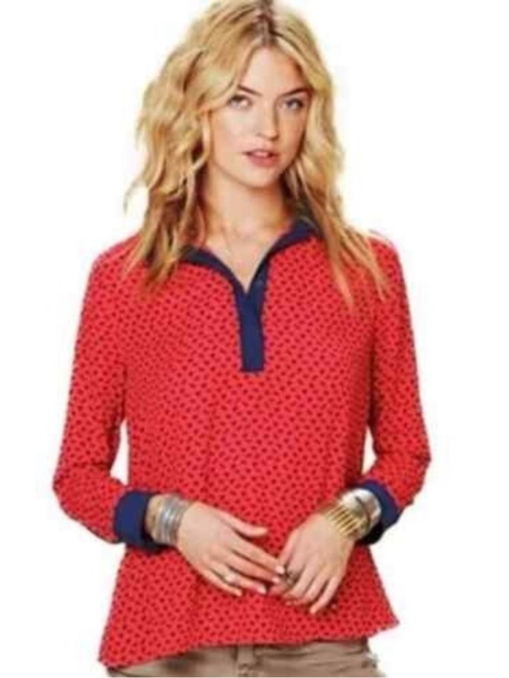 Free People Horse Print Boyfriend Blouse Top Red Navy Collared Preppy Womens M